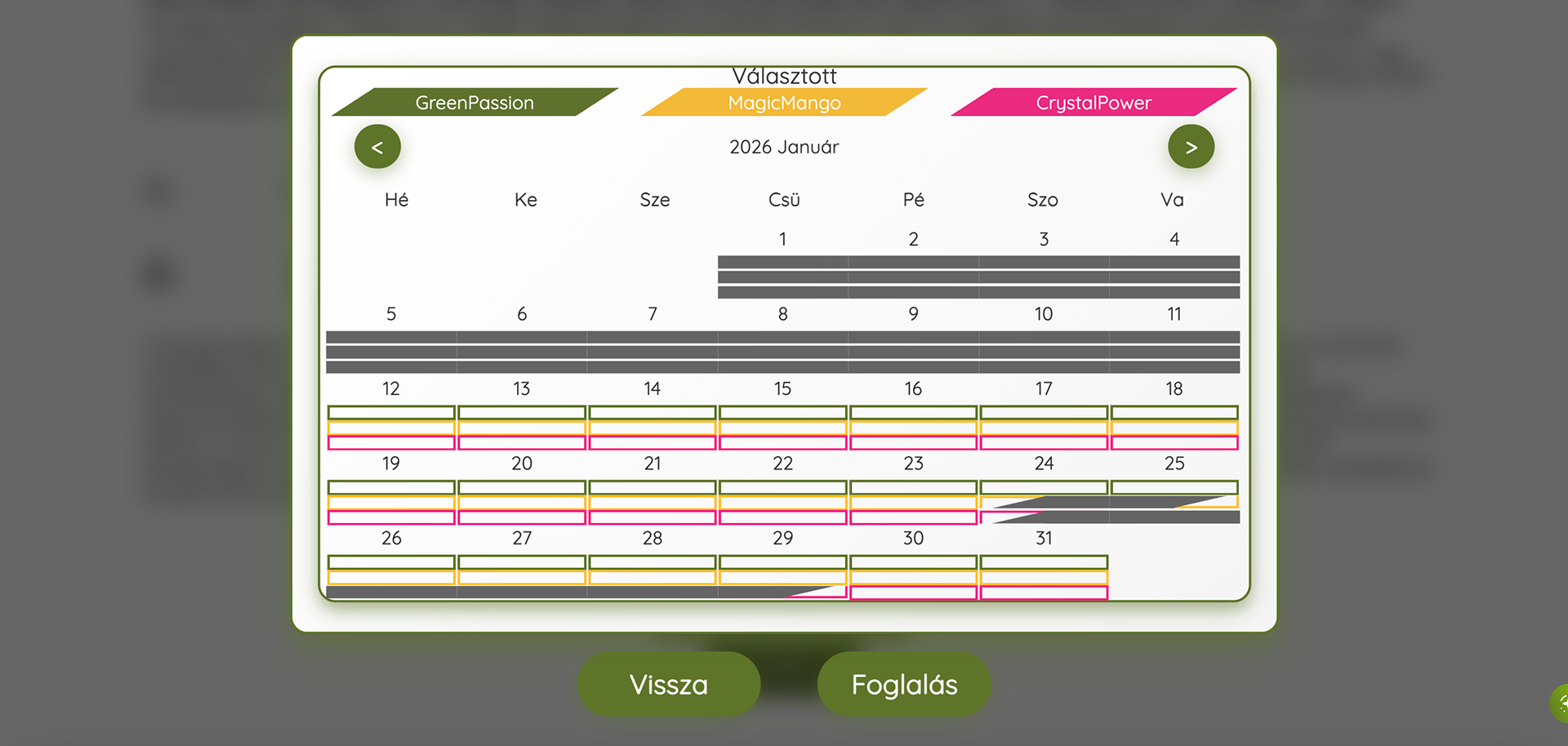 Monatlicher Buchungskalender, Verfügbarkeit je Einheit mit eigenem Farbband markiert.